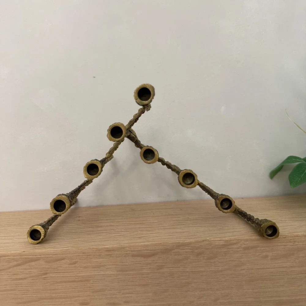 Vintage Brutalist Gold Metal Folding Menorah Candelabra Mid Century Modern 9 Arm